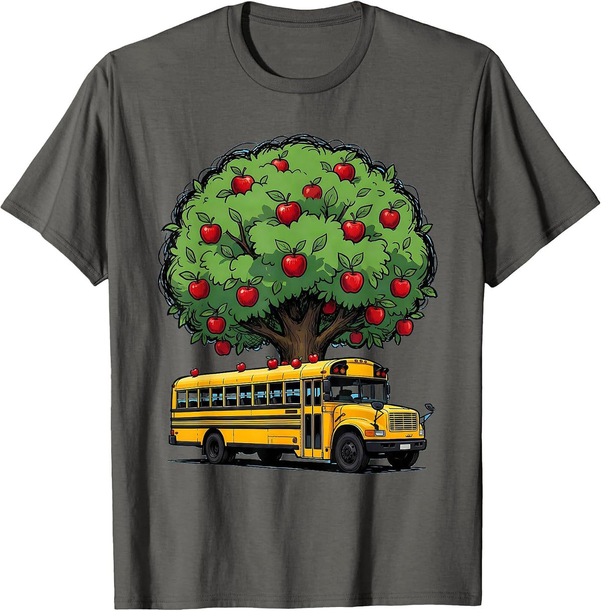 Men's Elementary Teacher Apple Tree School Bus Graphic T-Shirt - Asphalt Grey