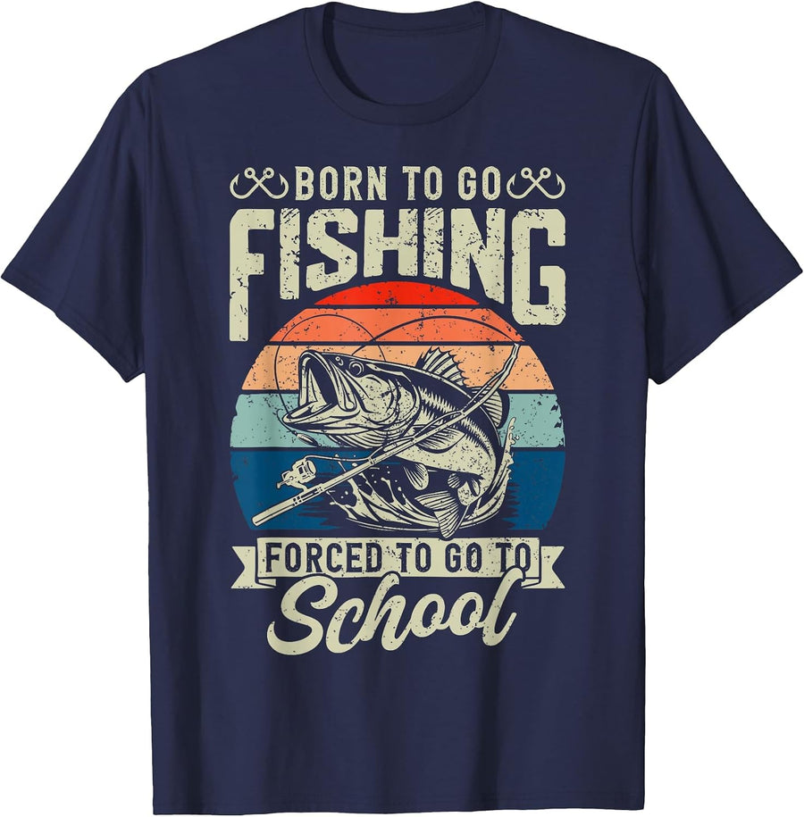 Teen Boys Fishing Shirt Forced to Go to School Bass Fish T-Shirt - Navy Blue