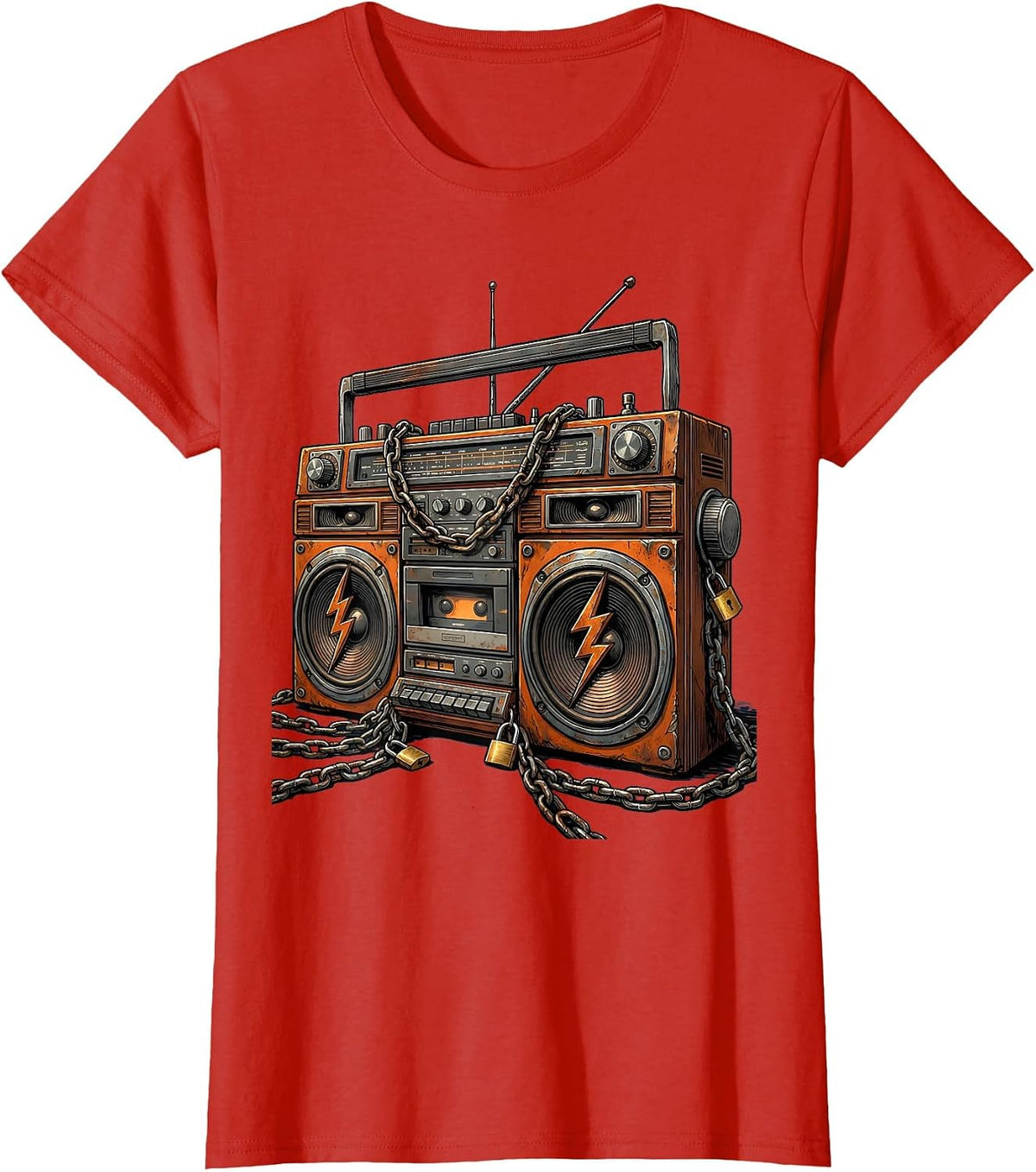 Chained Boom Box Old School Rock Graphic Tee T-Shirt - Red