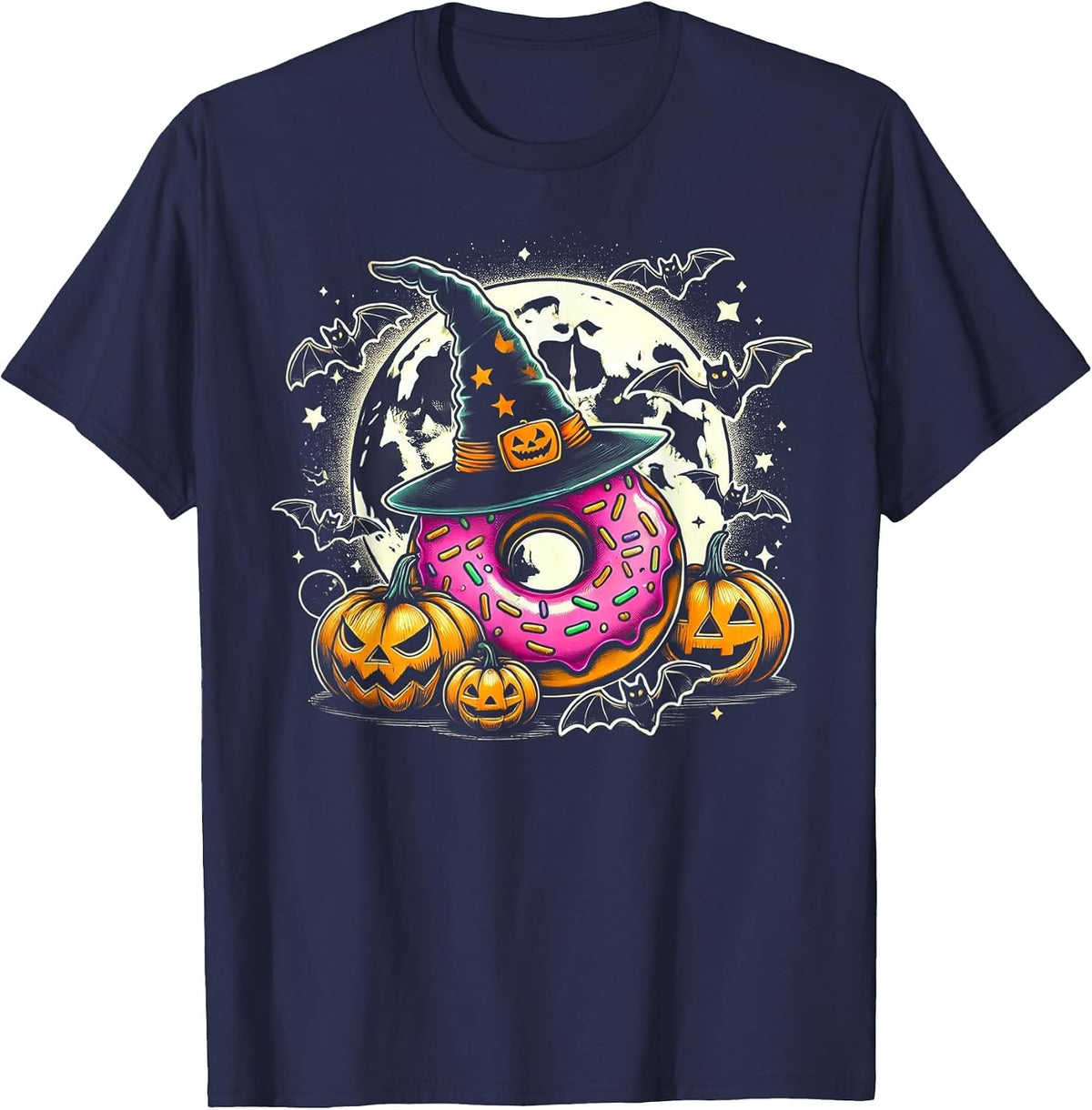 Donut Witch Halloween - Spooky Pumpkin Art T-Shirt - Navy Blue