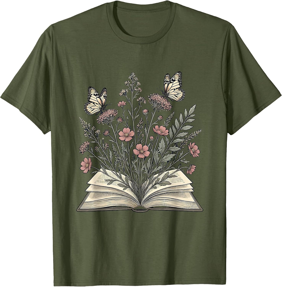 Men's Sped Teacher Wildflower Book Butterfly Design T-Shirt - Olive Green