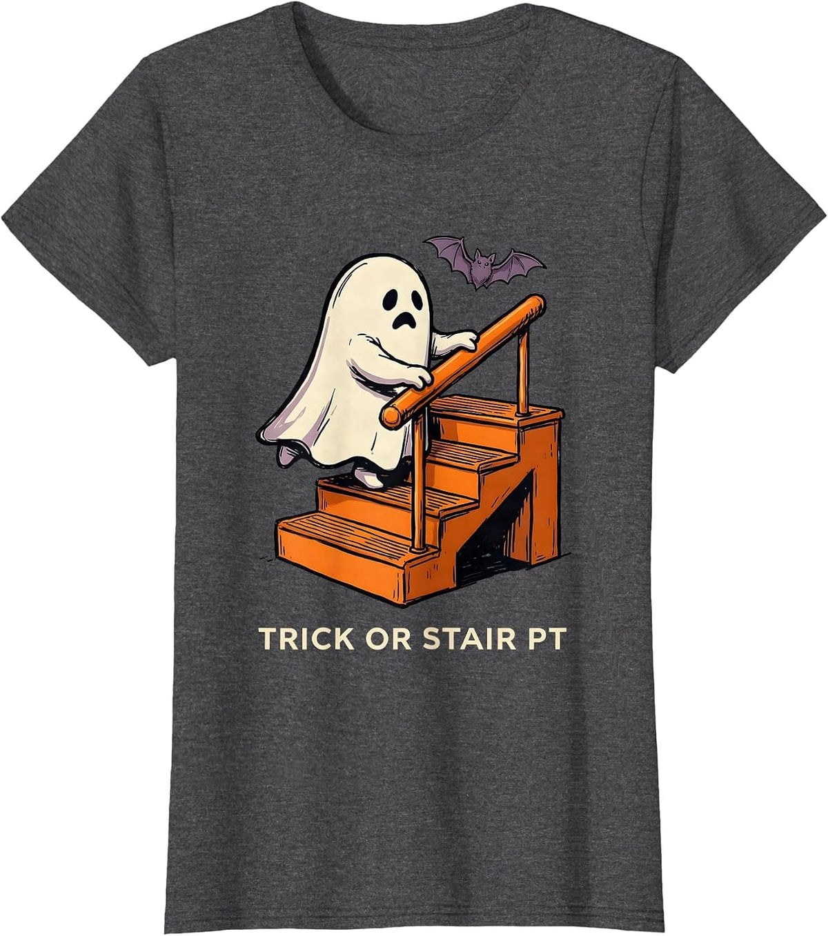 Women's Trick Or Stair PT Funny Physical Therapy Ghost Halloween T-Shirt - Dark Heather Grey