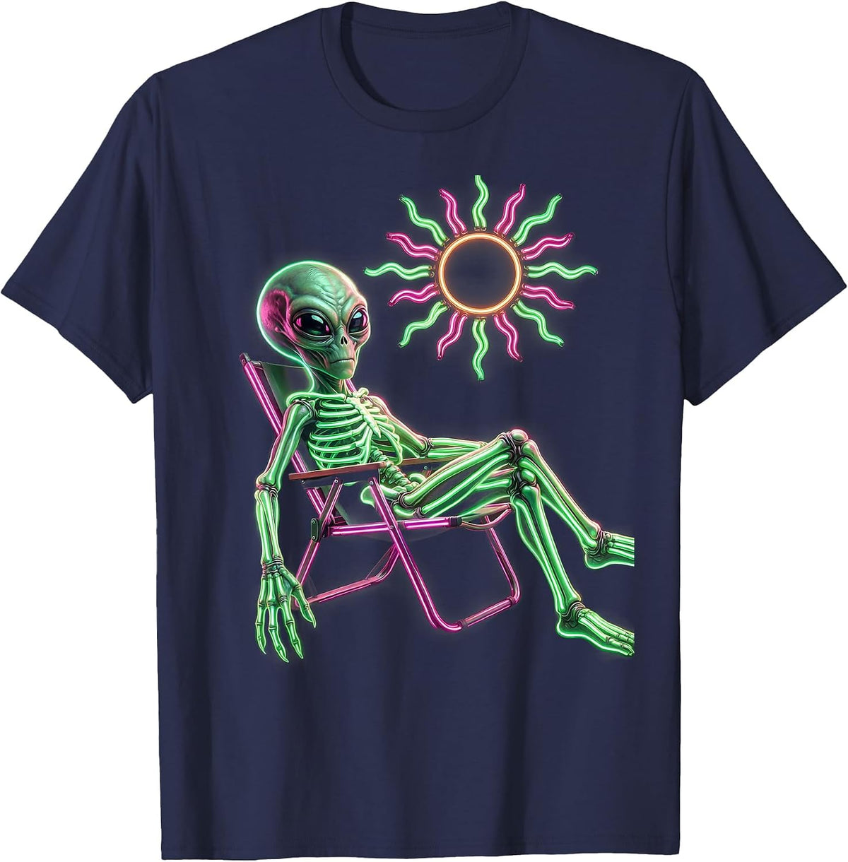 Men's Alien Lounging in Lawn Chair Under Alien Sun T-Shirt - Navy Blue