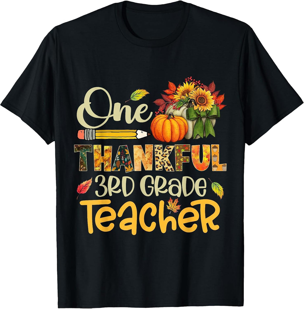 One Thankful 3rd Grade Teacher Pumpkin Fall Thanksgiving T-Shirt - Black