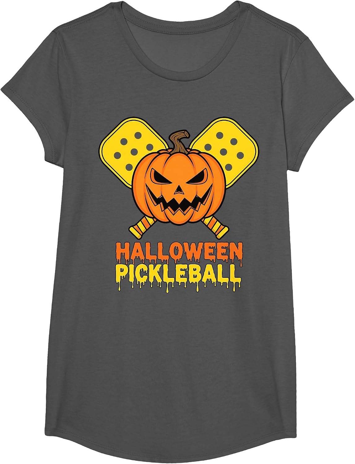 Halloween Pickleball Pumpkin Jack O Lantern Face T-Shirt - Girls Asphalt Grey
