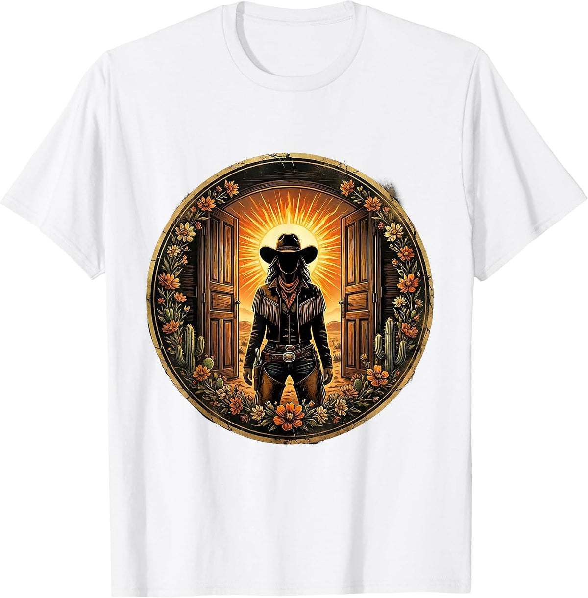 Men's Cowgirl Saloon Doorway Western Noon Illustration T-Shirt - White