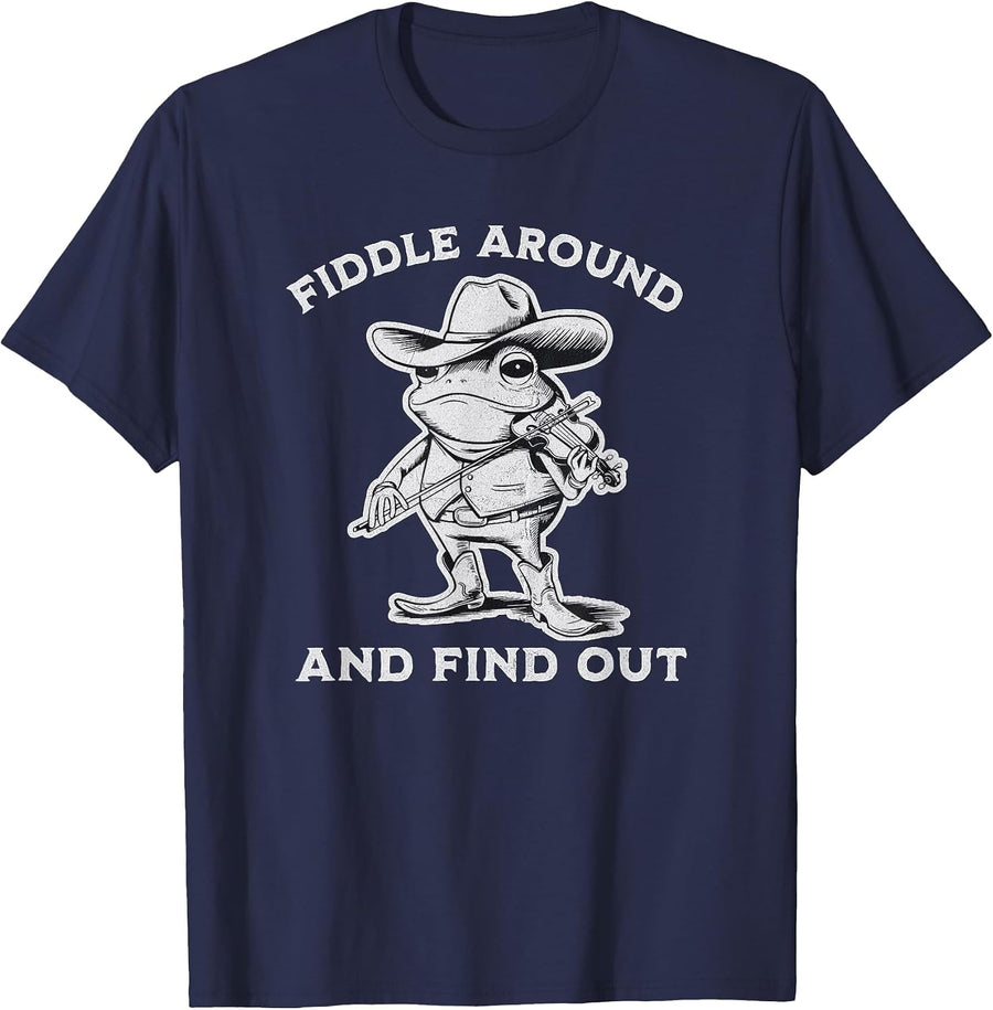 Funny Frog Fiddle Around and Find Out Cowboy Country Music T-Shirt - Navy Blue