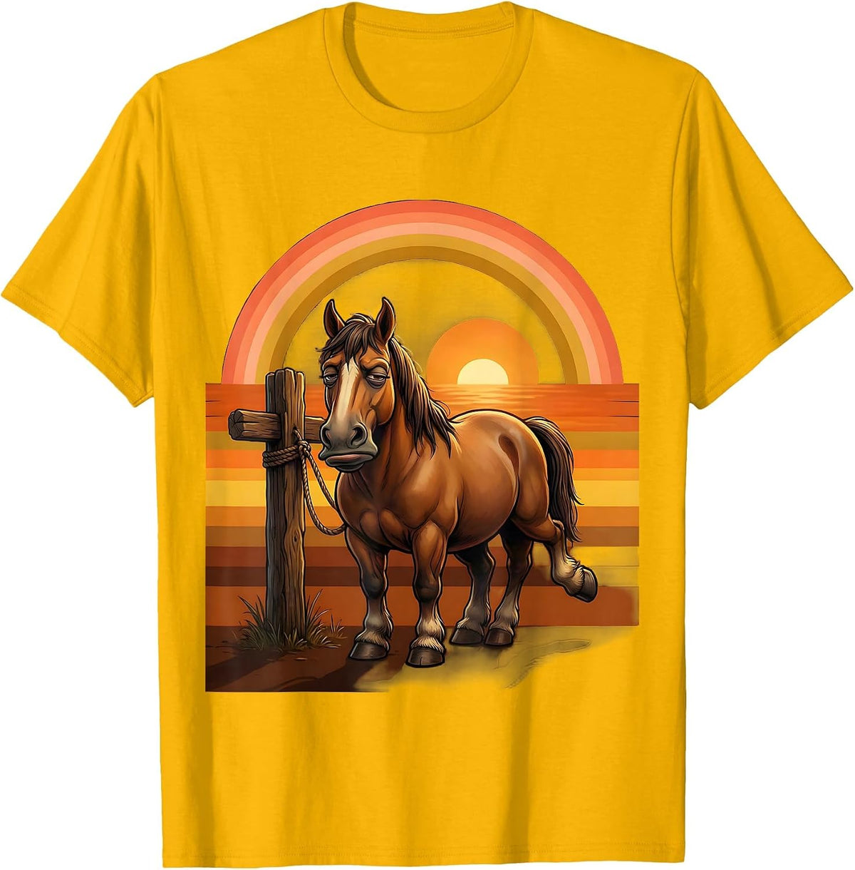 Bored Horse Tied to Post Cowboy Humor Design T-Shirt - Golden Yellow