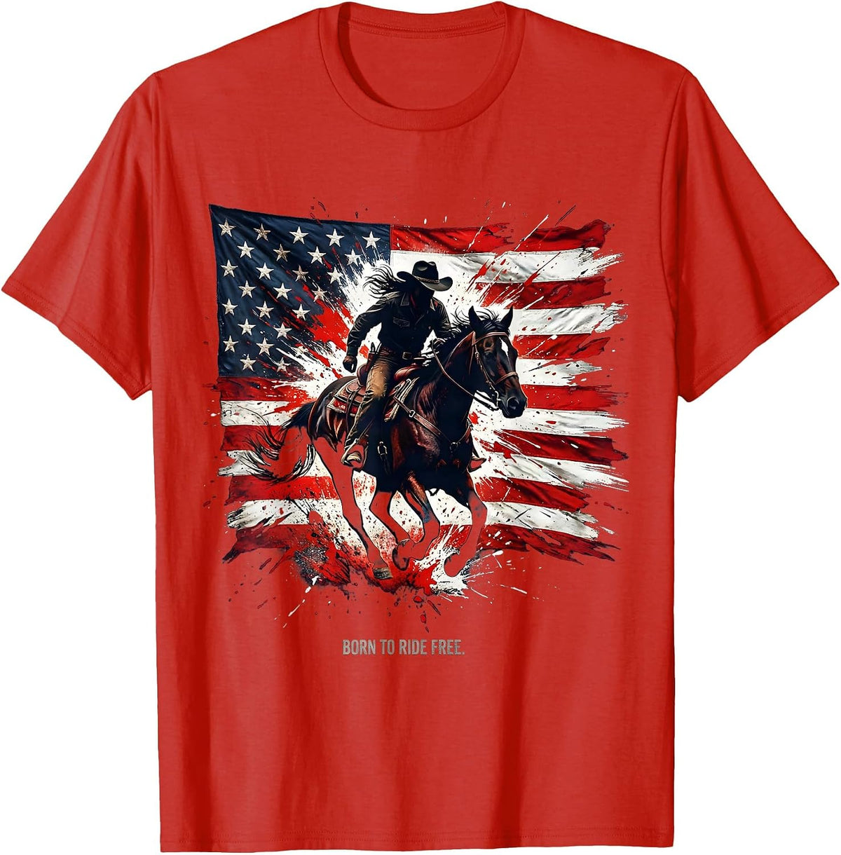 Men's Born to Ride Free White Cowgirl Design T-Shirt - Red