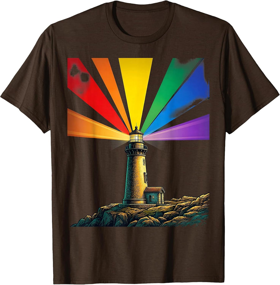 Autism Awareness Lighthouse Rainbow Spectrum T-Shirt - Brown