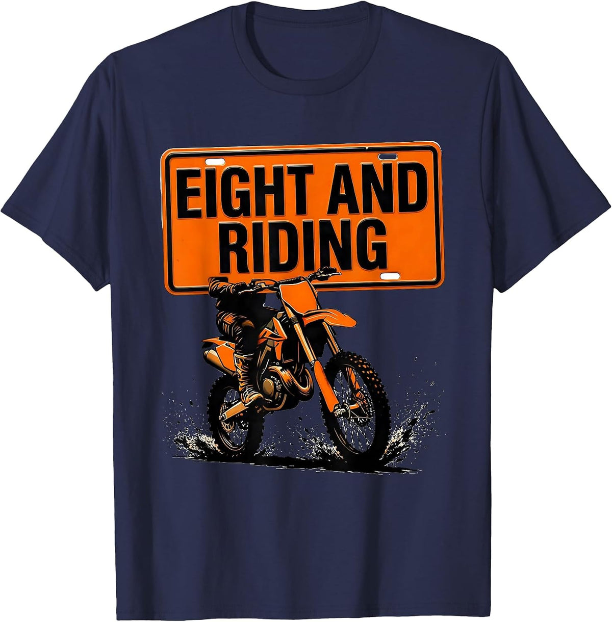 Eight And Riding Stencil Graphic Dirt Bike Birthday Gift T-Shirt - Navy Blue