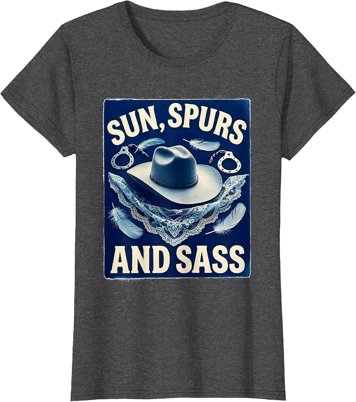Women's Sun Spurs and Sass White Cowgirl Design T-Shirt - Dark Heather Grey