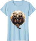 Women's Sea Otter Couple Holding Paws Sleeping Illustration T-Shirt - Baby Blue