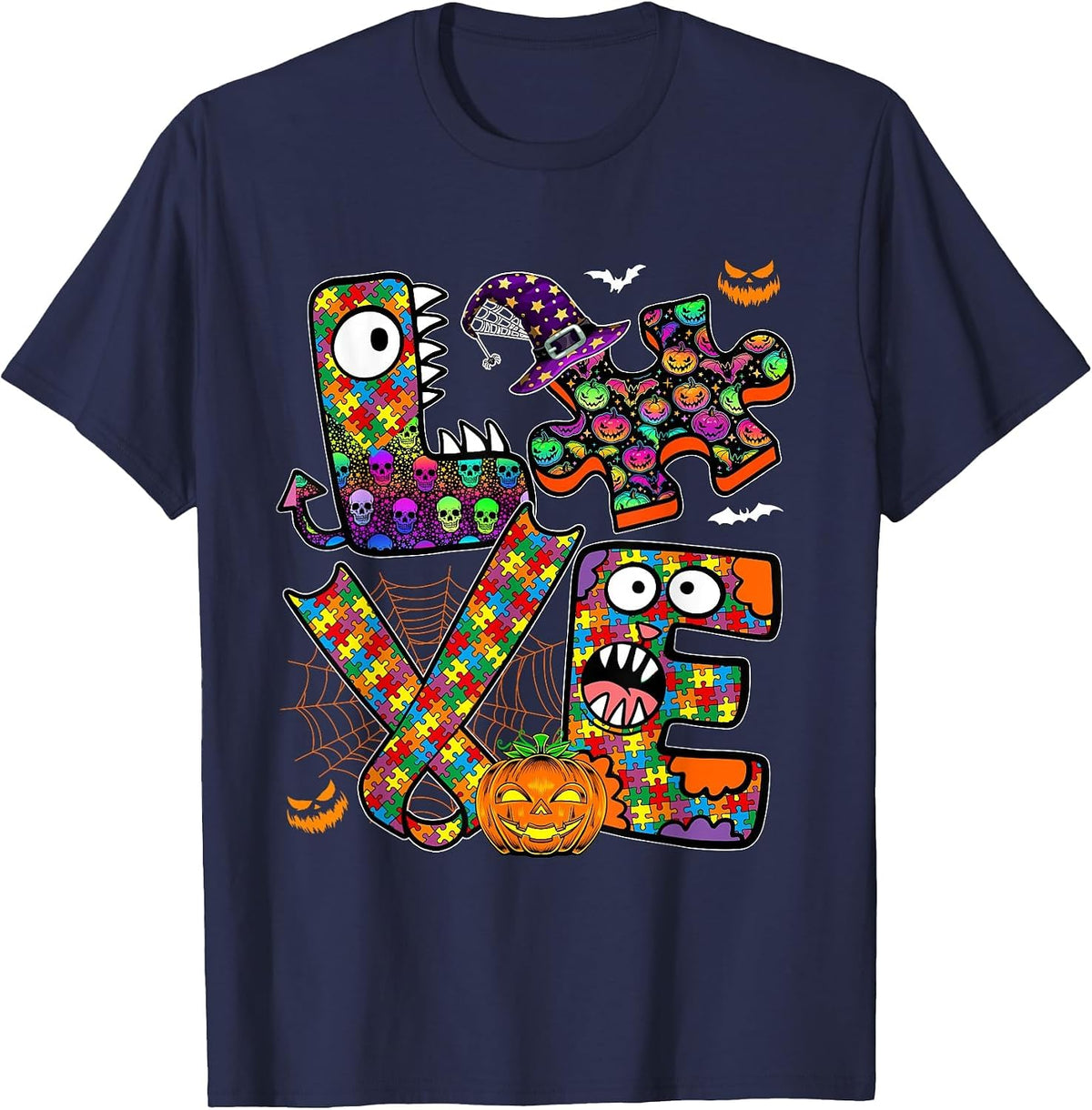 Love Halloween Proud Horror Puzzle Pieces Autism Awareness T-Shirt - Navy Blue