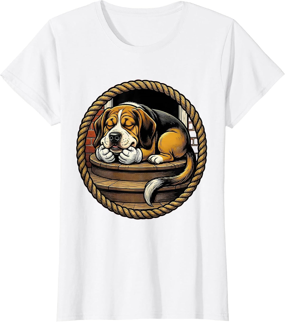 Lazy Hound Dog Napping on Porch Steps Illustration T-Shirt - White