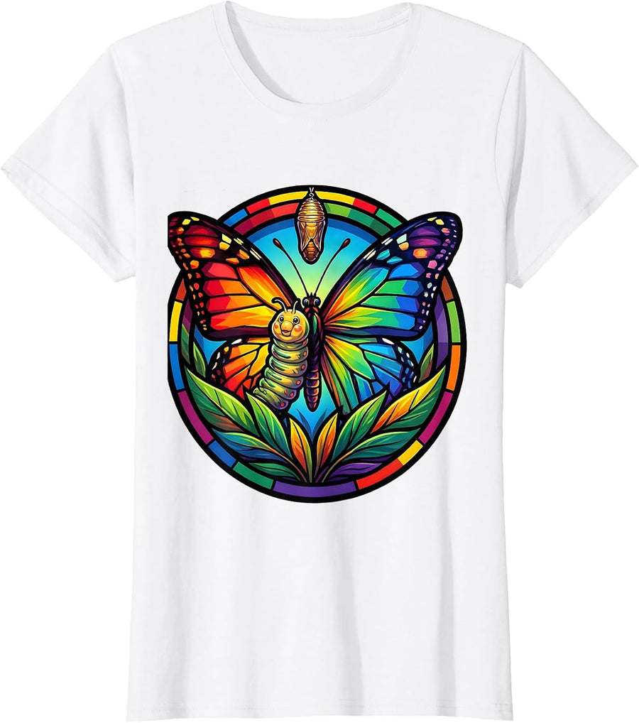 Women's Special Education Caterpillar Butterfly Transformation T-Shirt - White