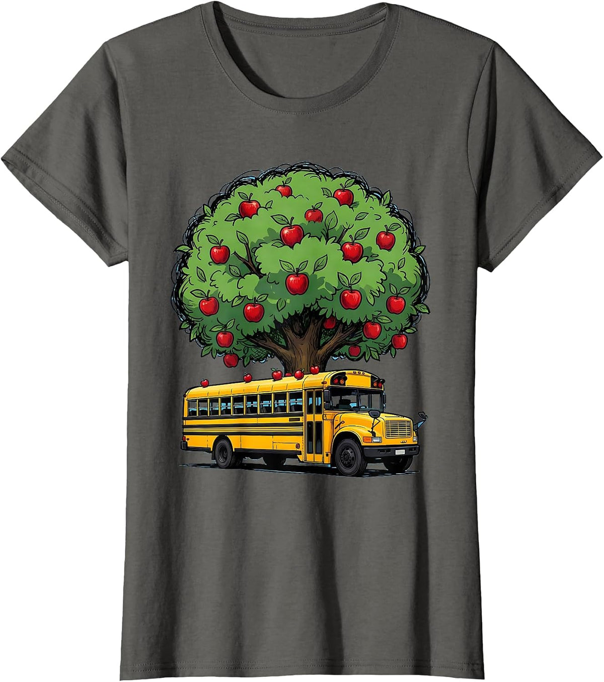Women's Elementary Teacher Apple Tree School Bus Graphic T-Shirt - Asphalt Grey