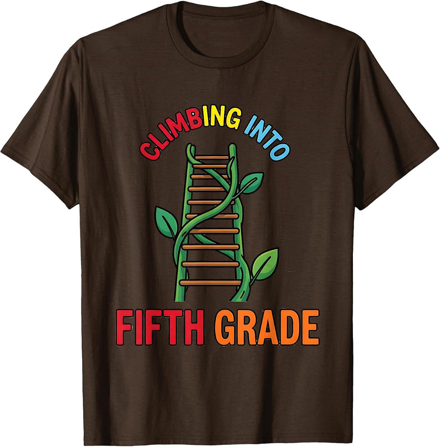 Climbing Into Fifth Grade Colorful Grade Level Team Back T-Shirt - Brown