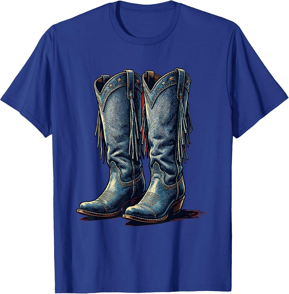 Men's Denim Cowgirl Boots with Fringe Illustration T-Shirt - Royal Blue