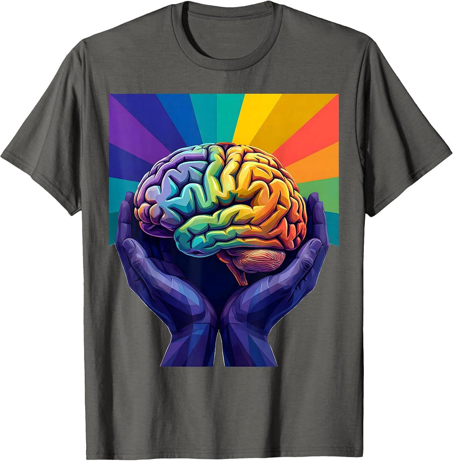 Autism Awareness Glowing Brain Cradled Hands Design T-Shirt - Asphalt Grey