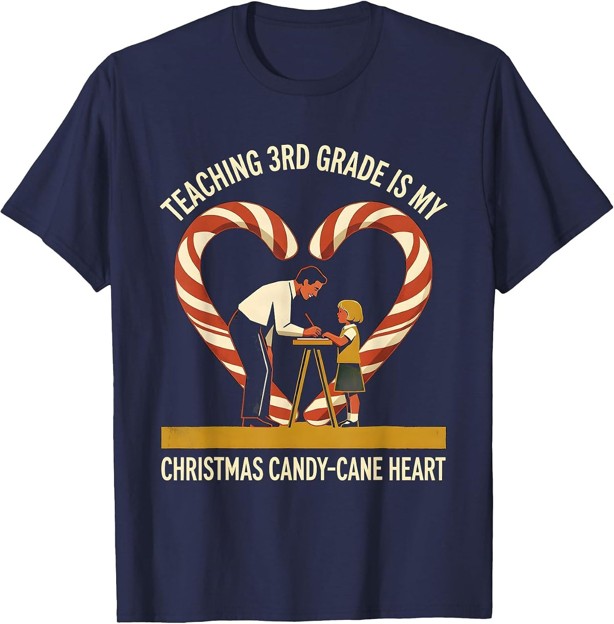 Men's Teaching 3rd Grade Is My Christmas Candy-Cane Heart Teacher T-Shirt - Navy Blue
