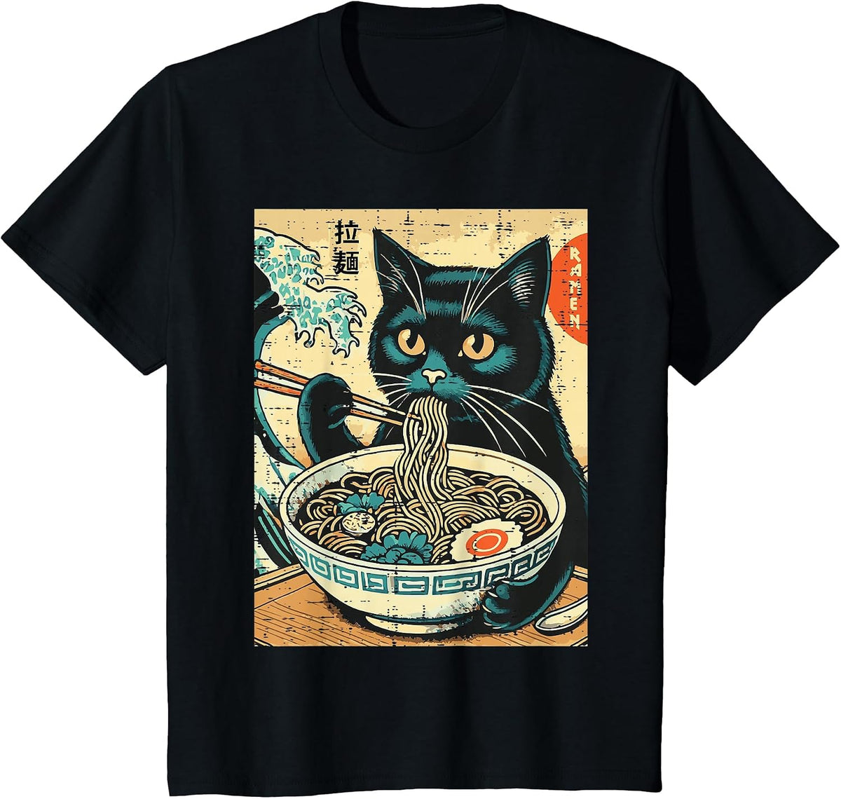 Japanese Cat Ramen Great Wave Vintage Art Food Men Women Kid T-Shirt - Black