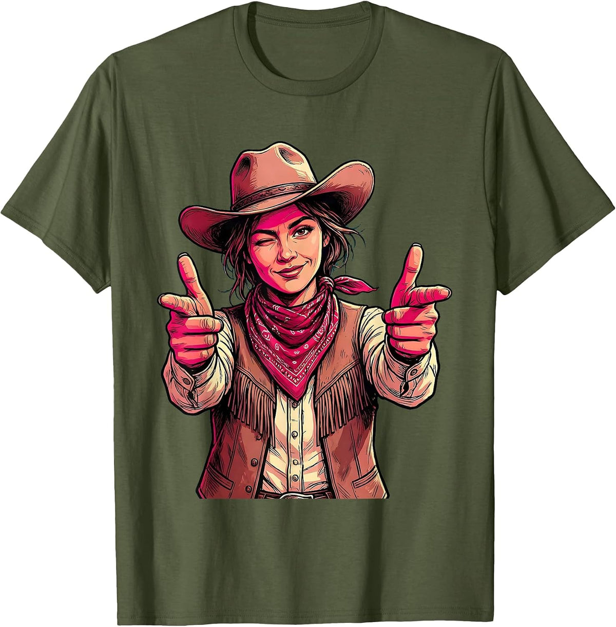 Pink Cowgirl Winking Pistol Finger Guns Illustration T-Shirt - Olive Green