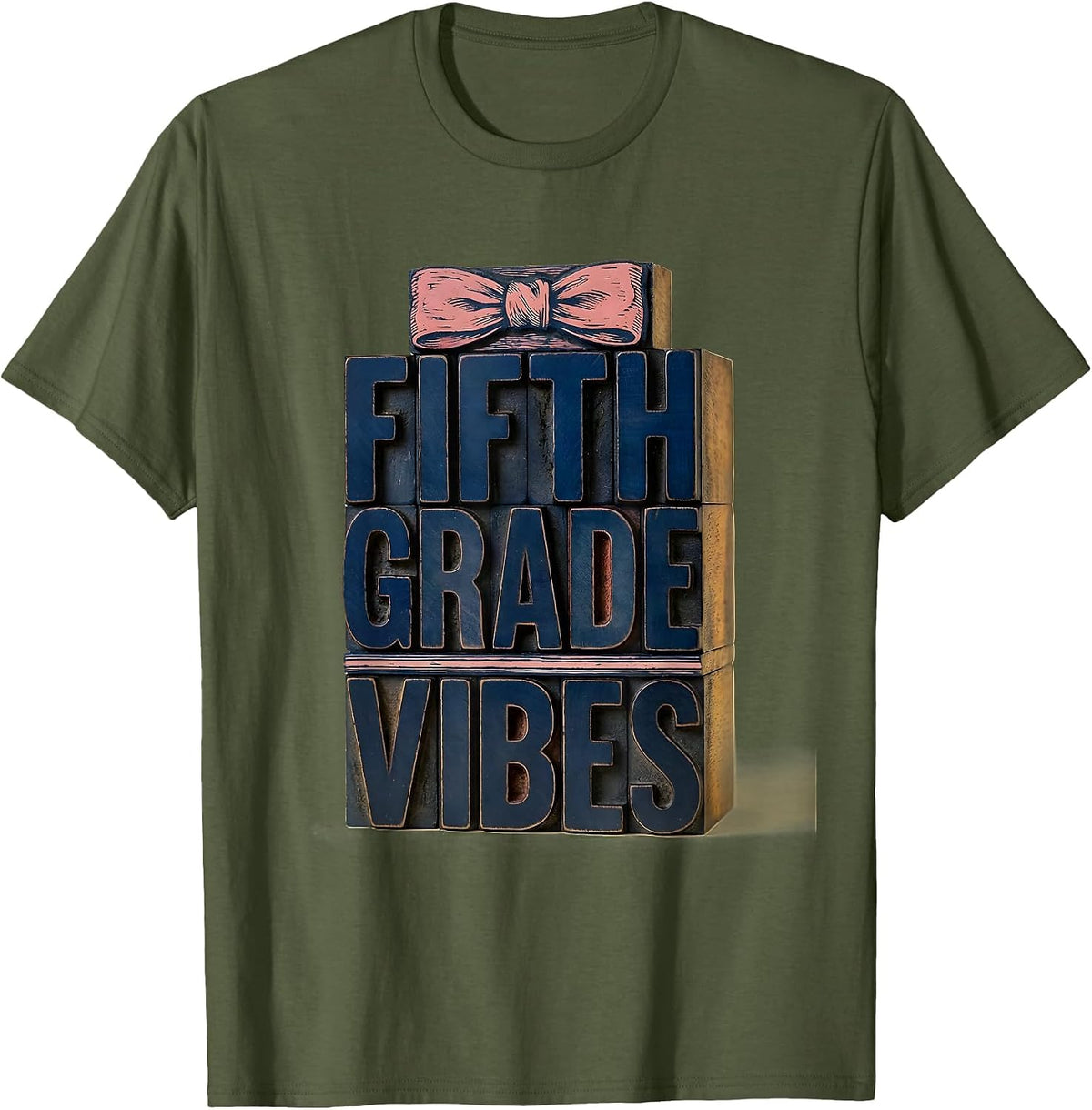 Men's Fifth Grade Vibes Wood Type Letterpress Bow Back To School T-Shirt - Olive Green