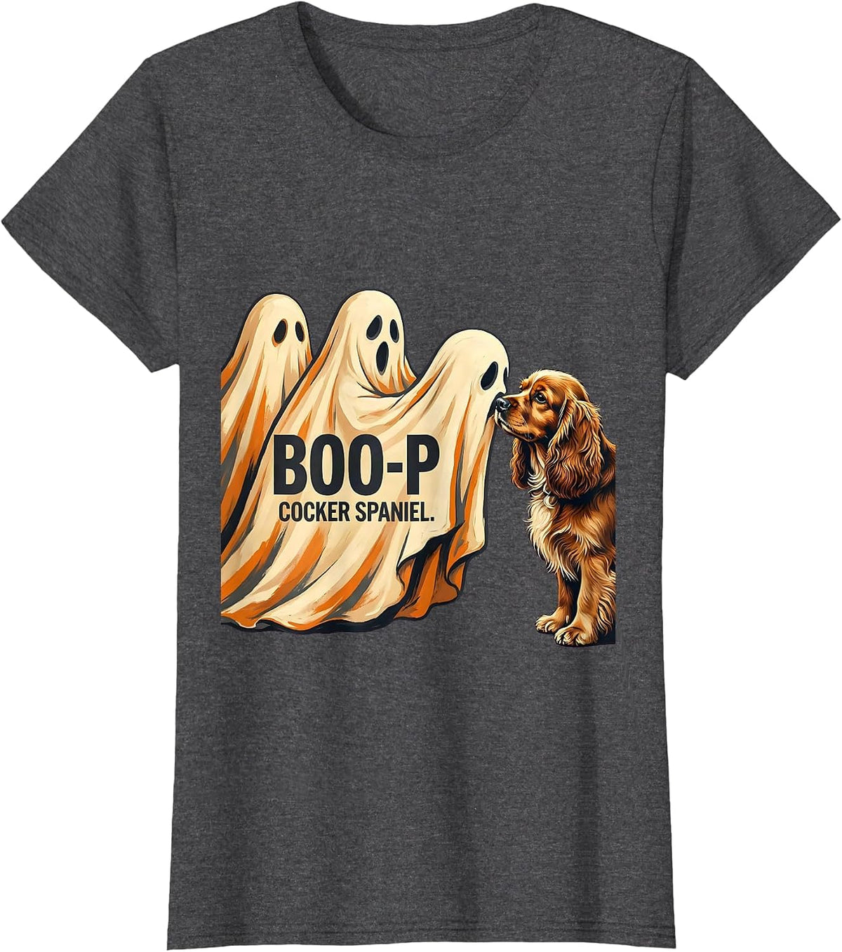 Women's Boo-p Cocker Spaniel Cute Ghost Halloween Dog Mom Humor T-Shirt - Dark Heather Grey