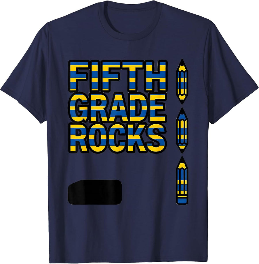 Fifth Grade Rocks Cute Pencil Back to School Kids T-Shirt - Navy Blue
