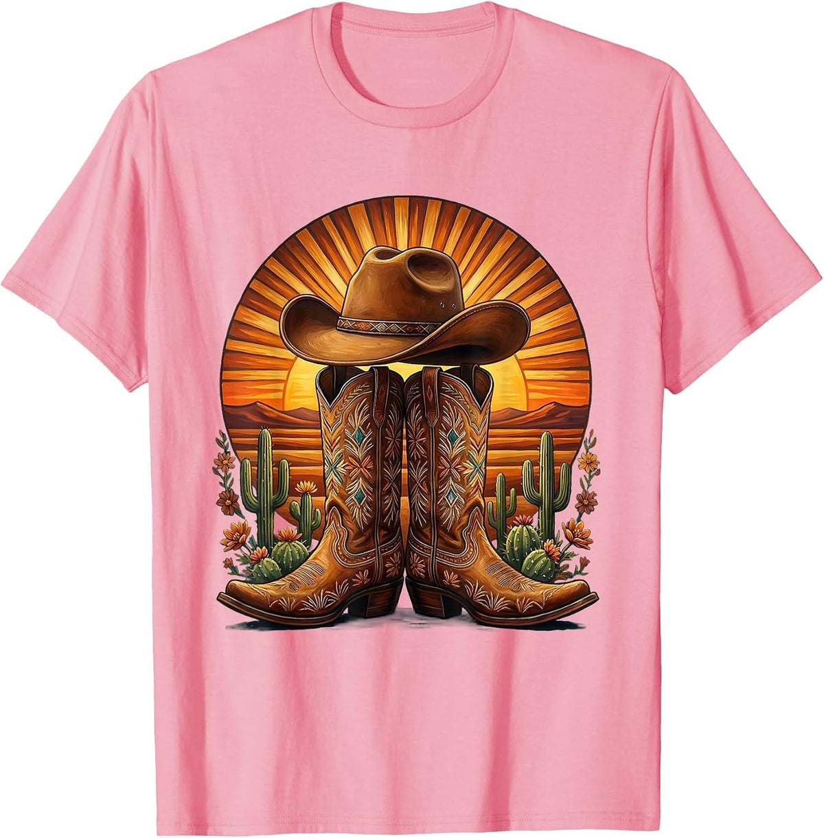 Men's Cowgirl Boots and Hat Desert Sunset Graphic T-Shirt - Pink