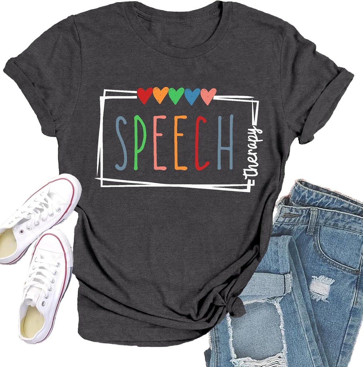Speech Therapy Shirt for Women Speech Language Pathologist T-Shirts Cute Hearts Tee Tops - Grey