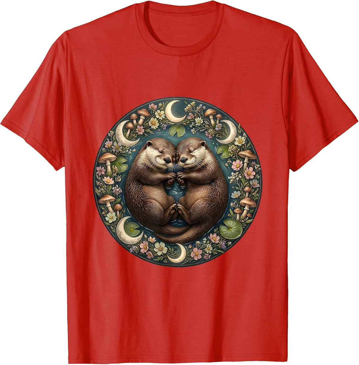 Men's Sleeping Otters Holding Hands Cute Wildlife Art T-Shirt - Red
