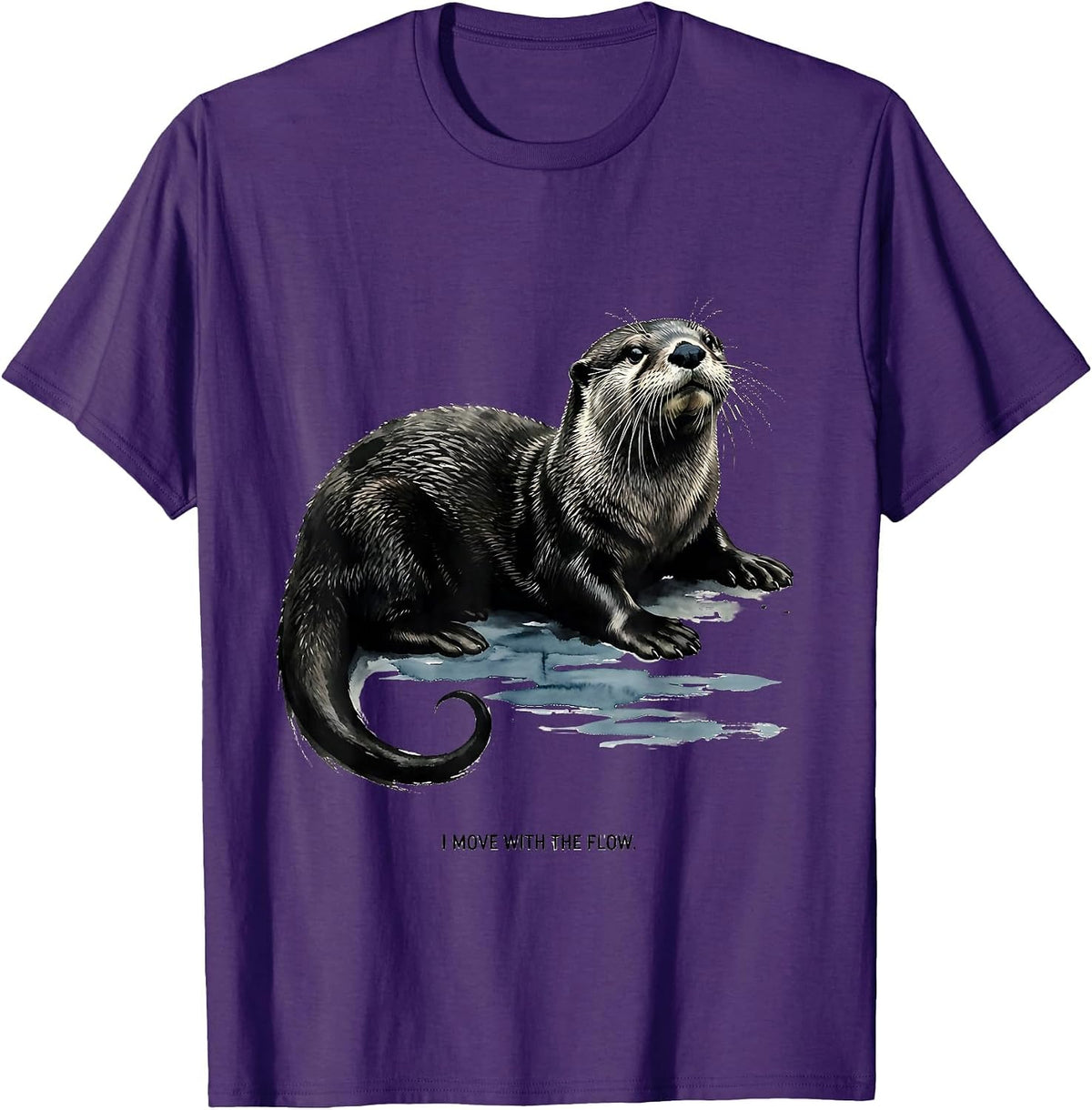 Men's I Move With The Flow Ink Brush Sea Otter Nature Humor T-Shirt - Purple