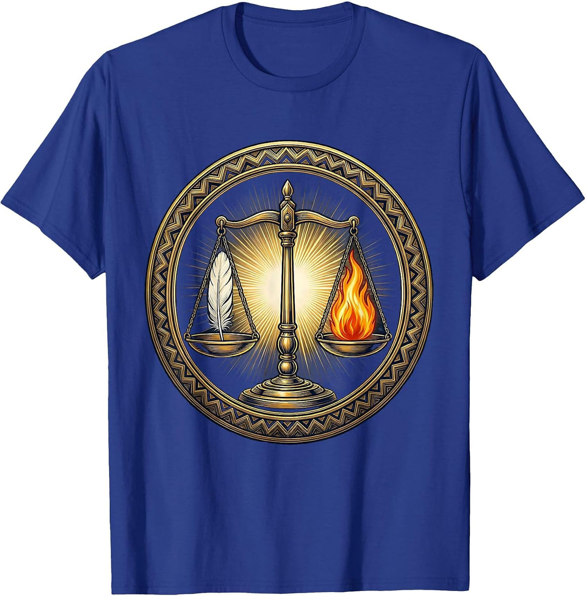 Feather and Flame Balance Graphic Design T-Shirt - Royal Blue