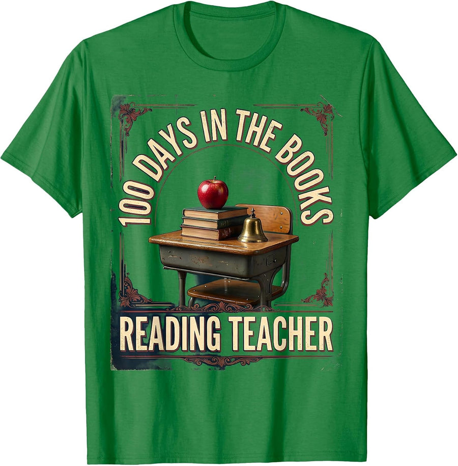 Men's 100 Days In The Books Reading Teacher Vintage School Desk T-Shirt - Kelly Green