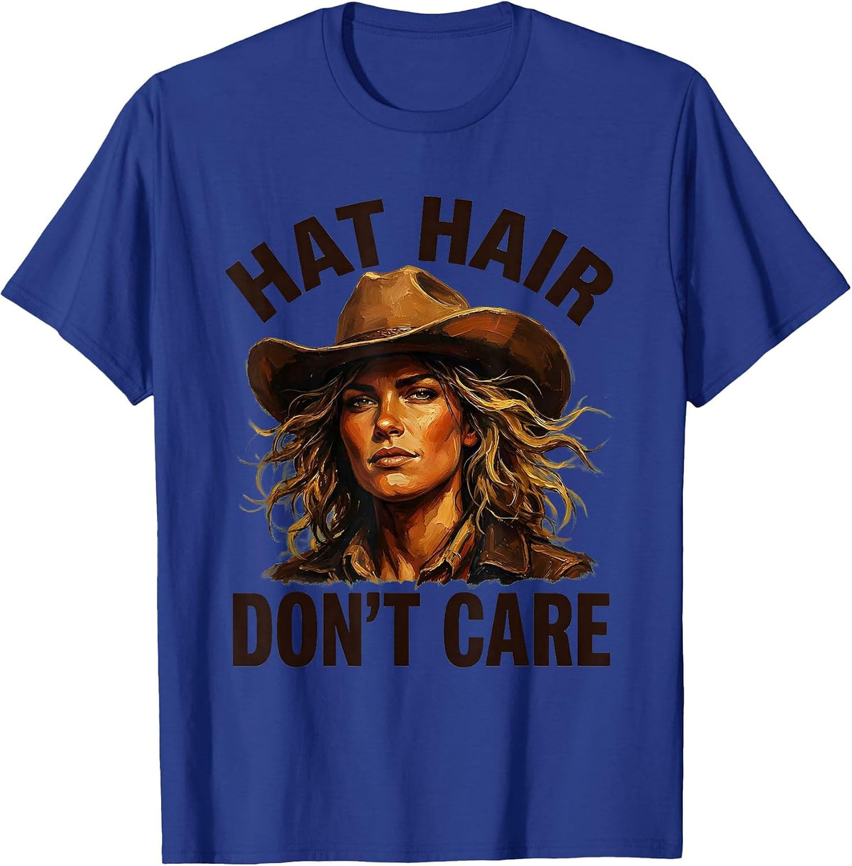 Hat Hair Don't Care Cowgirl Design T-Shirt - Royal Blue