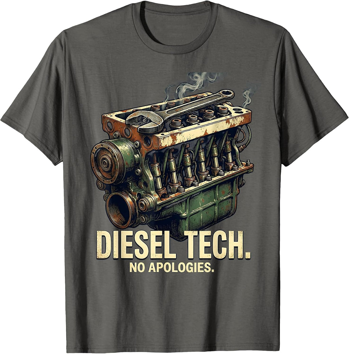 Diesel Tech. No Apologies. Vintage Mechanic Design T-Shirt - Asphalt Grey