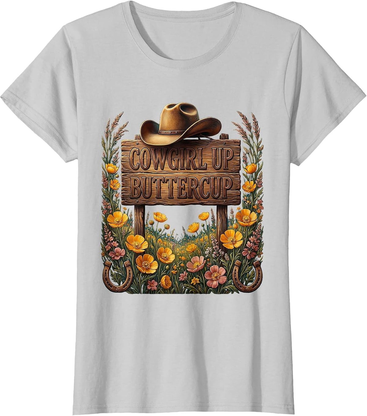 Women's Cowgirl Up Buttercup Western Design T-Shirt - Silver Grey