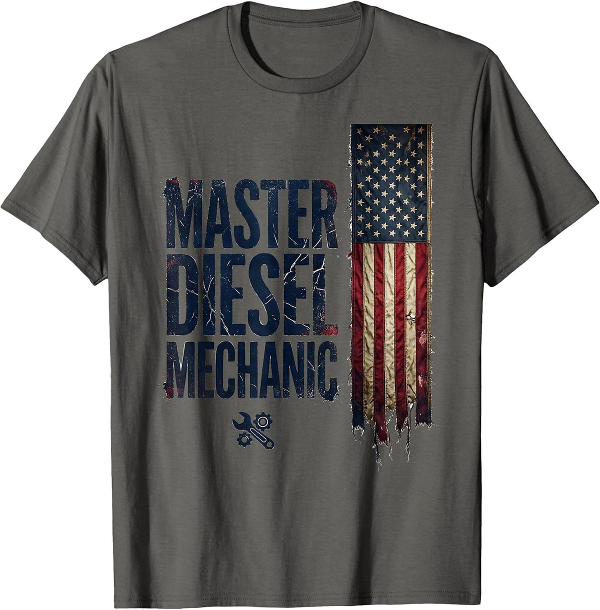 Master Diesel Mechanic Distressed American Flag Mechanic T-Shirt - Asphalt Grey