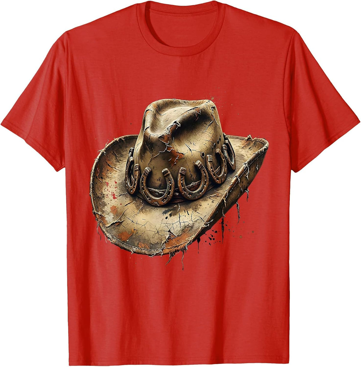 Men's Cowboy Hat Horseshoe Western Graphic Design T-Shirt - Red