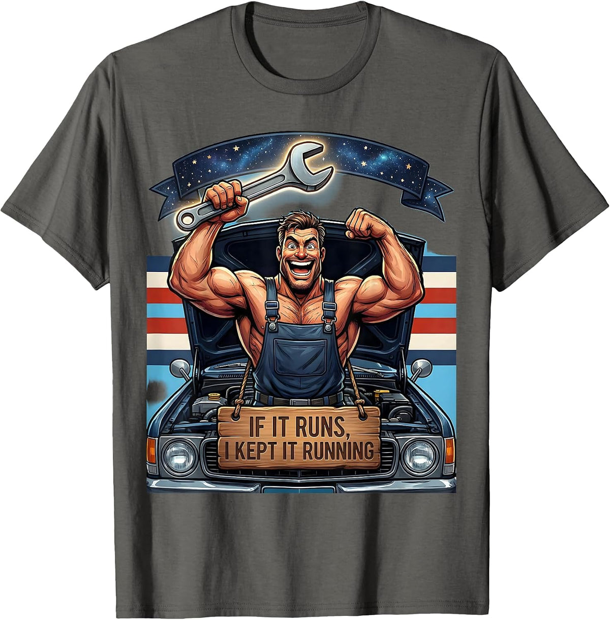 If It Runs, I Kept It Running Cartoon Diesel Mechanic T-Shirt - Asphalt Grey