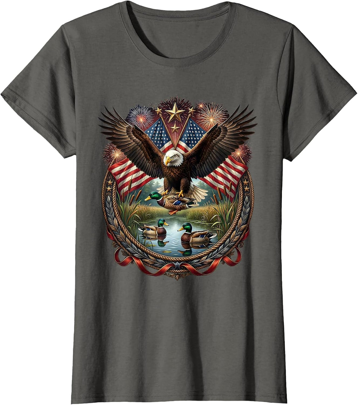 Women's Duck Decoys on Glassy Marsh Water Hunting Camo T-Shirt - Asphalt Grey