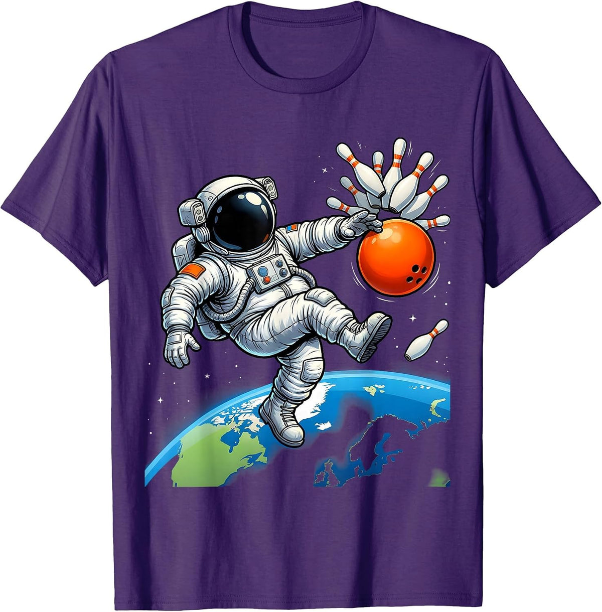 Men's Astronaut Bowling in Zero Gravity Space Design T-Shirt - Purple