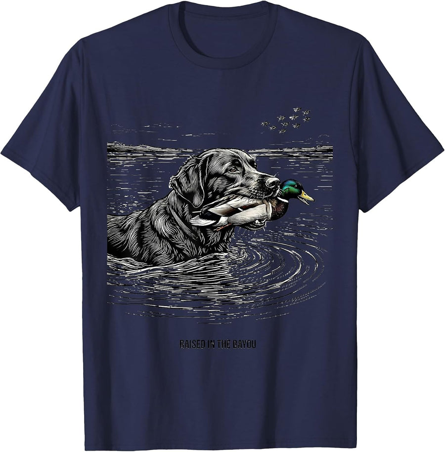 Raised In The Bayou Line Art Hunting Dog Waterfowl Youth T-Shirt - Navy Blue