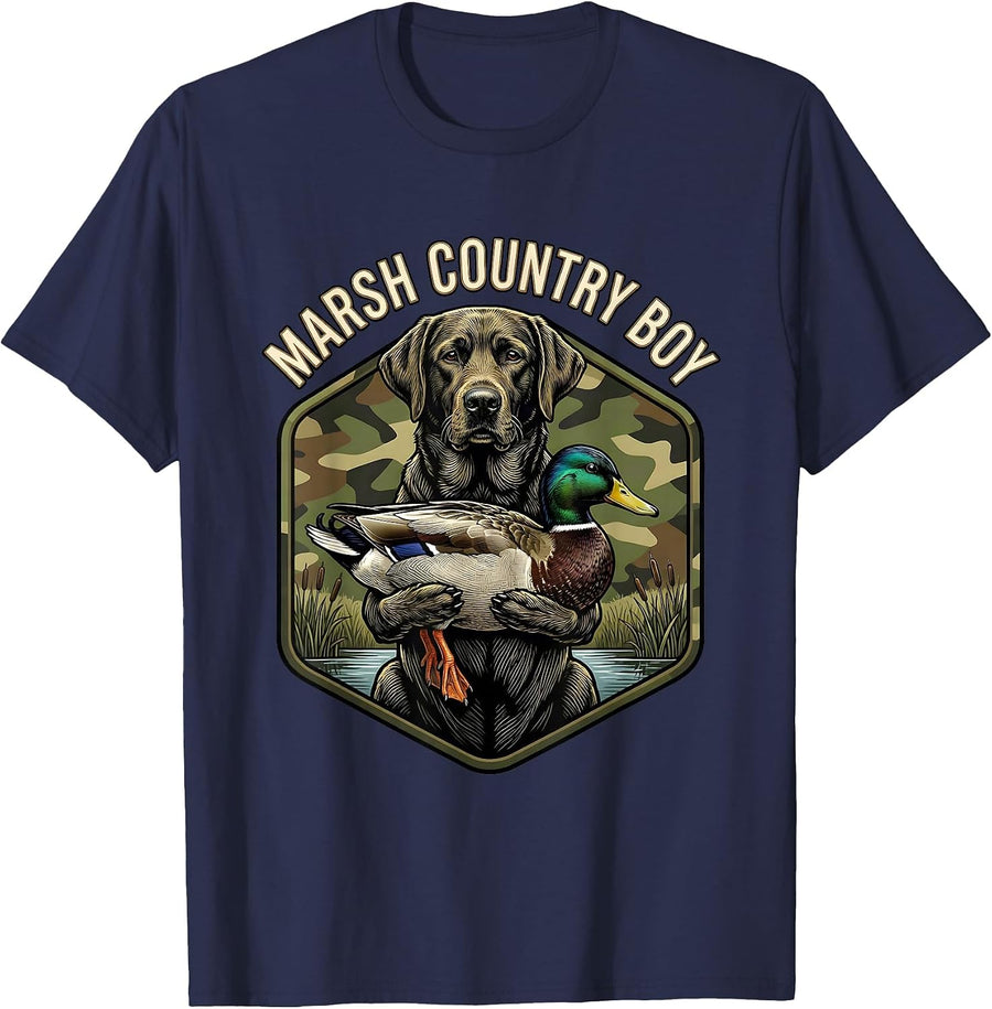 Marsh Country Boy Camo Labrador Hunting Waterfowl Youth T-Shirt - Navy Blue