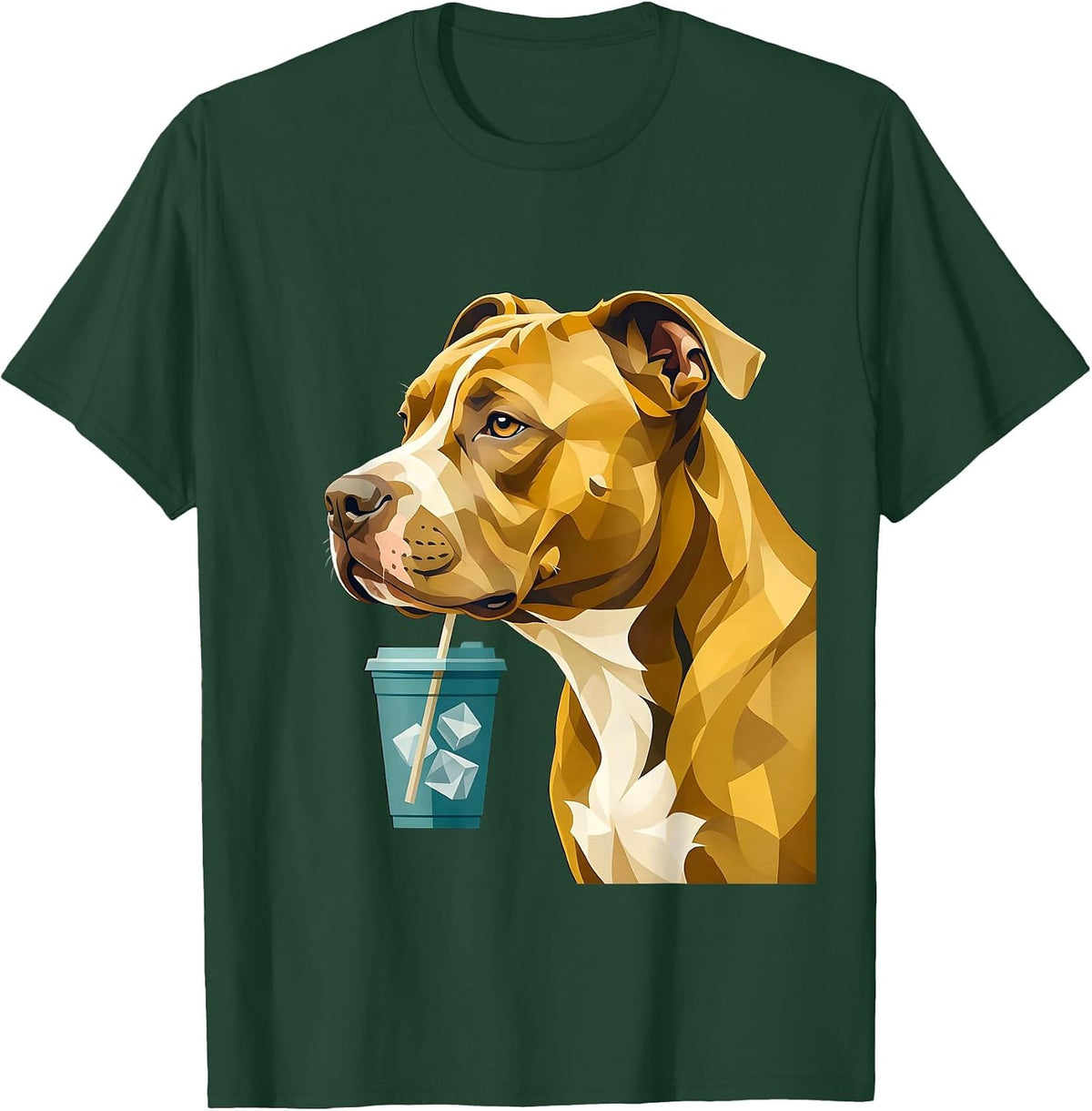Pitbull Drinking Iced Coffee Midcentury Modern Humor T-Shirt - Dark Green