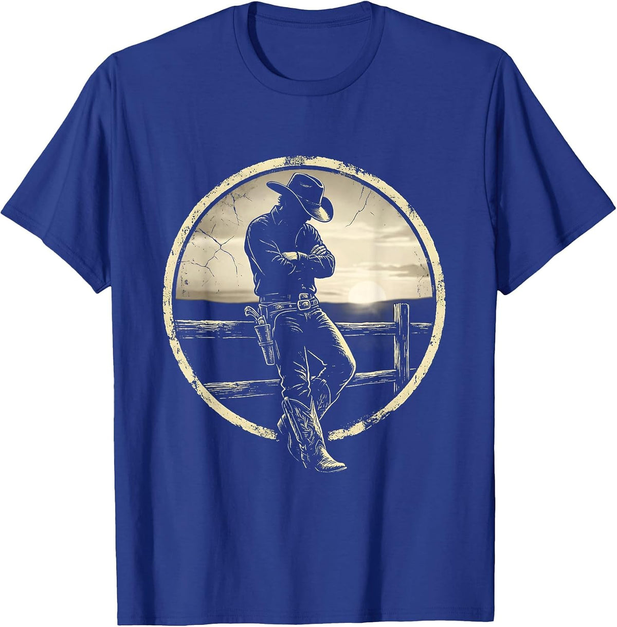 Men's Cowboy at Dusk Leaning on Fence Illustration T-Shirt - Royal Blue