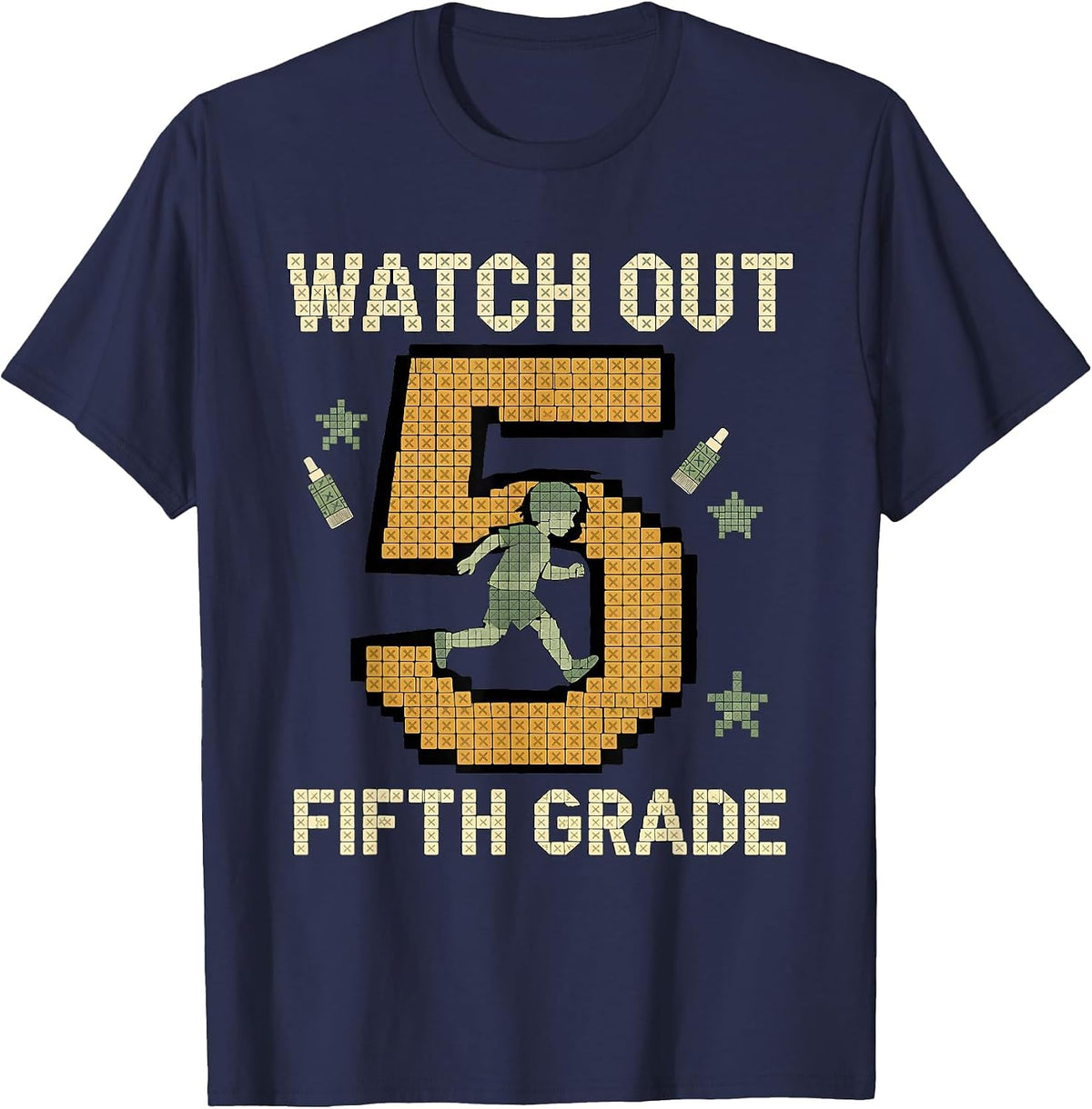 Watch Out, Fifth Grade Cross Stitch Sampler Back to School T-Shirt - Navy Blue