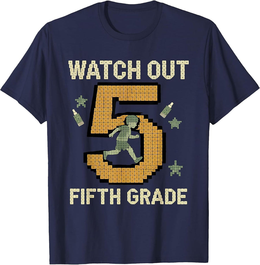 Watch Out, Fifth Grade Cross Stitch Sampler Back to School T-Shirt - Navy Blue